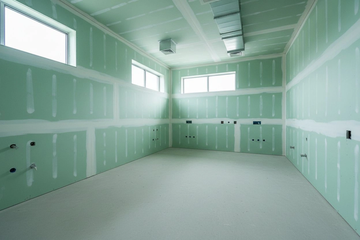 Commercial moisture resistant drywall installation in Etobicoke — green board walls and ceiling with taped seams in a commercial space under construction