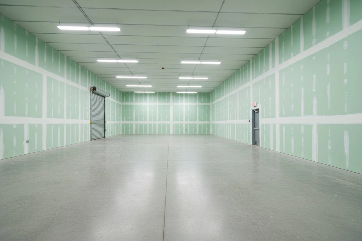 Commercial moisture resistant drywall installation in Milton — green board covering walls and ceiling of a large industrial or warehouse space with polished concrete floor, fluorescent strip lighting, roll-up door, and exit door