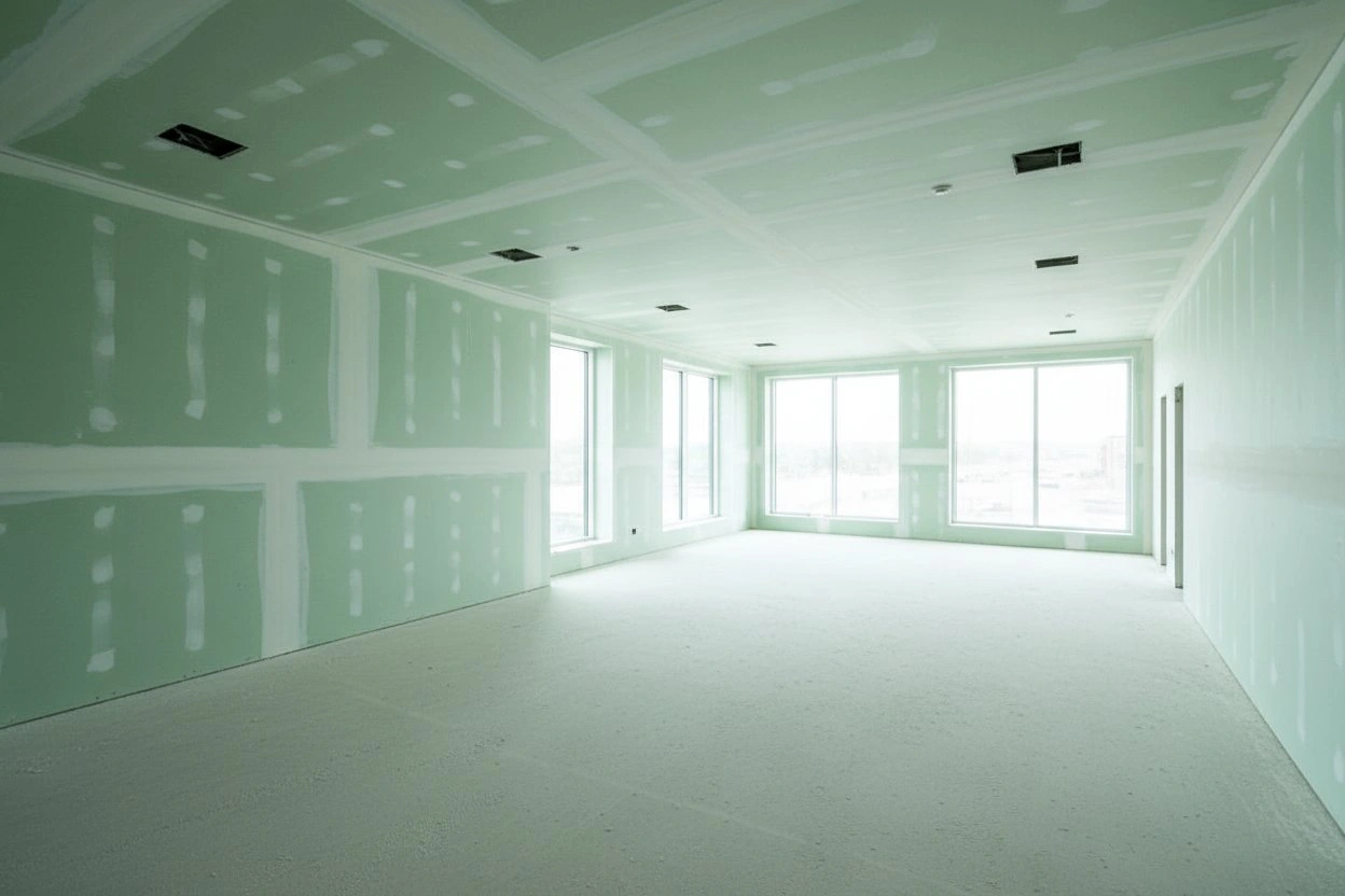 Commercial moisture-resistant drywall installation in Newmarket — green board on walls and ceiling with taped seams in a bright open commercial space with large windows, HVAC diffusers, and recessed ceiling cutouts