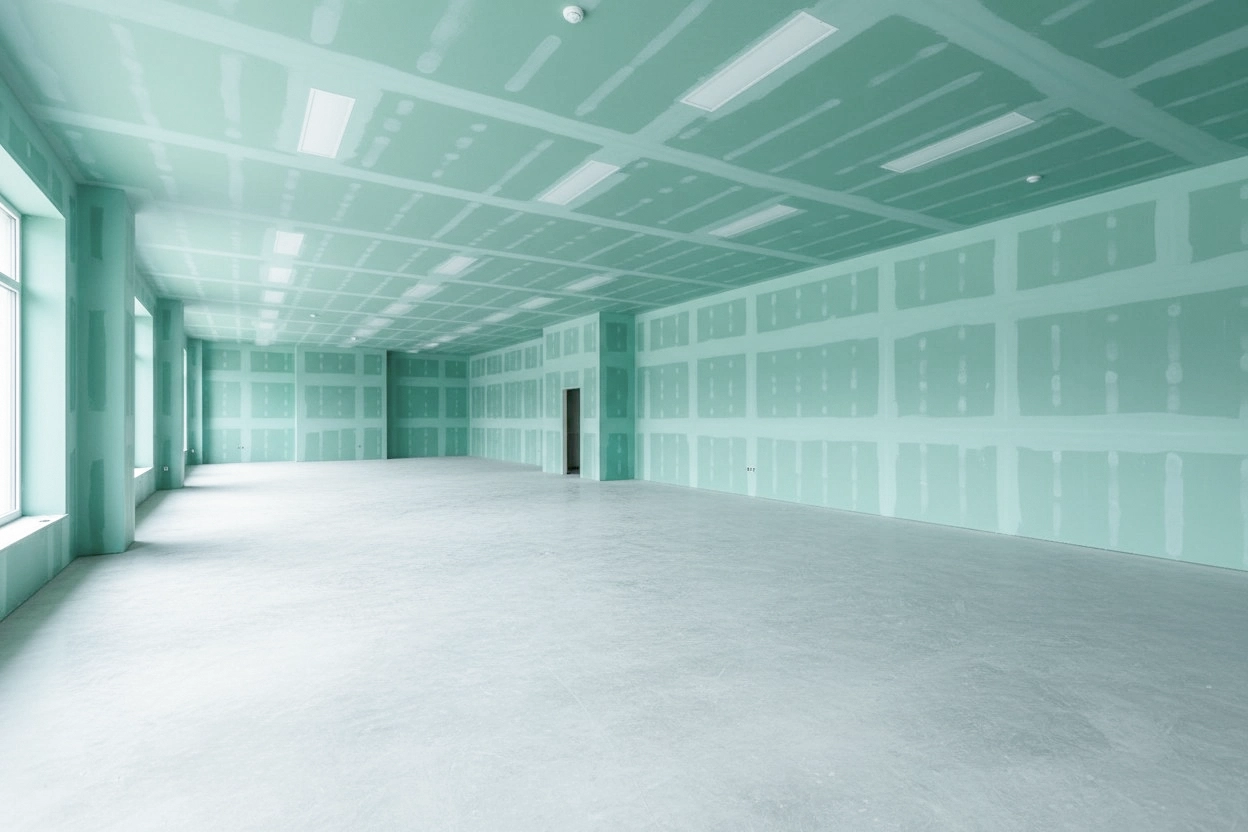 Commercial moisture-resistant drywall installation in Aurora — green board covering walls and ceiling of a large open commercial space with recessed lighting cutouts, concrete subfloor, and a framed interior door opening