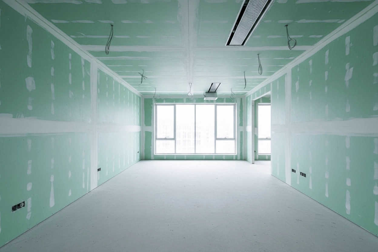 Commercial moisture resistant drywall installation in King City — green board on walls and ceiling with taped seams in a commercial office space with exposed electrical drops, linear HVAC unit, floor-to-ceiling windows, and framed door opening