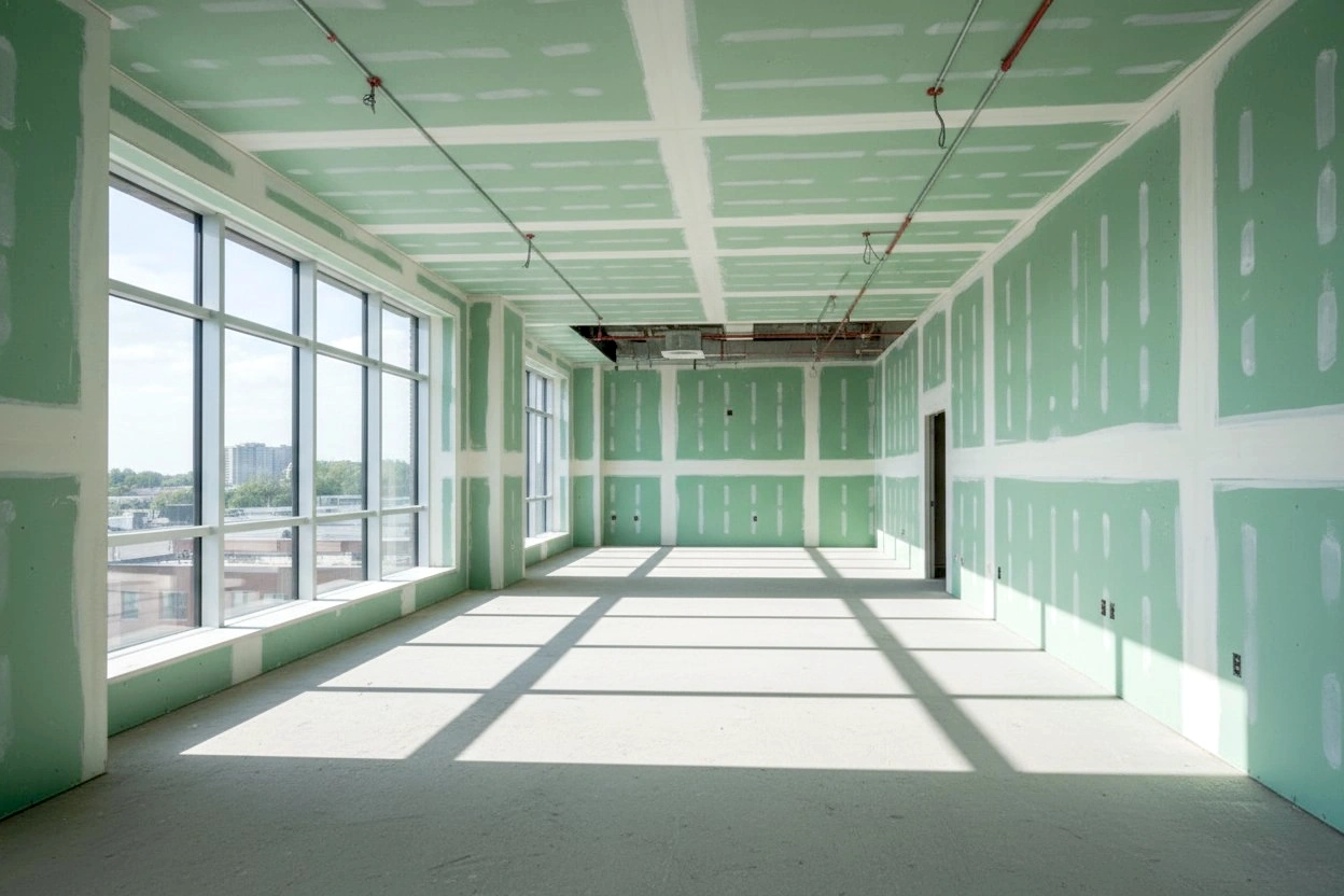 Commercial moisture-resistant drywall installation in Hamilton — green board on walls and ceiling with taped seams in a large open commercial office space with curtain wall windows, exposed sprinkler piping, HVAC rough-ins, and a city view