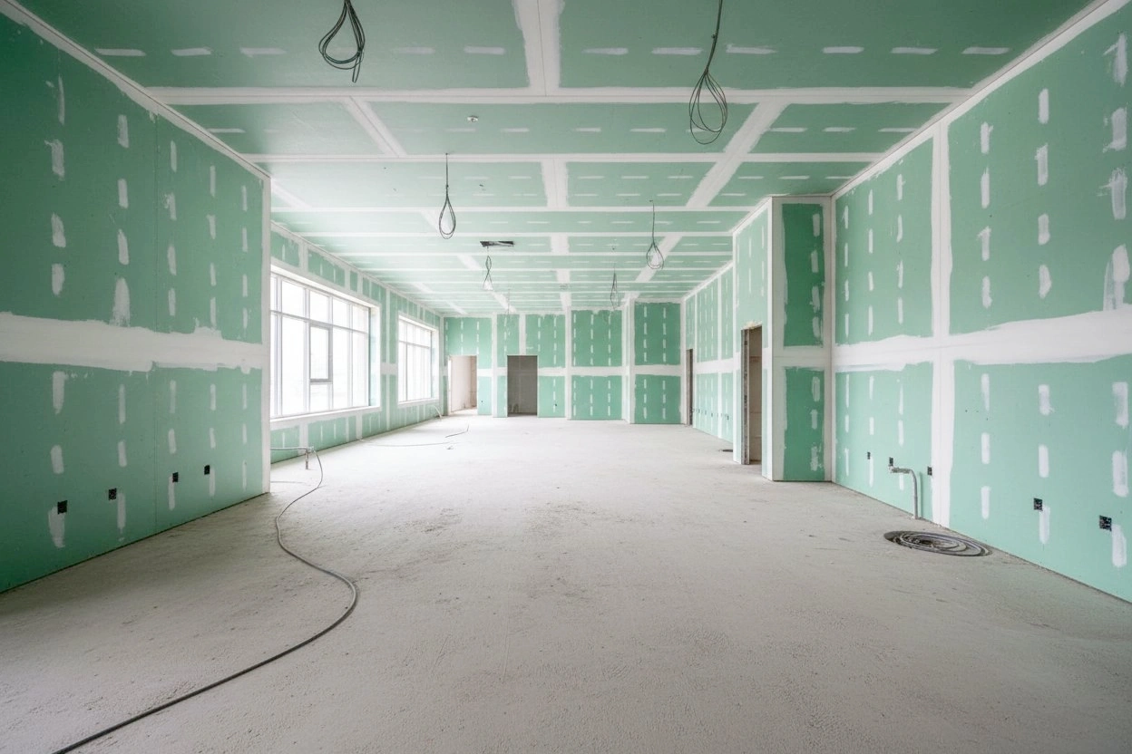 Commercial moisture-resistant drywall installation in East Gwillimbury — green board on walls and ceiling with taped seams in a large open commercial space with exposed electrical drops, multiple framed door openings, and windows along one side
