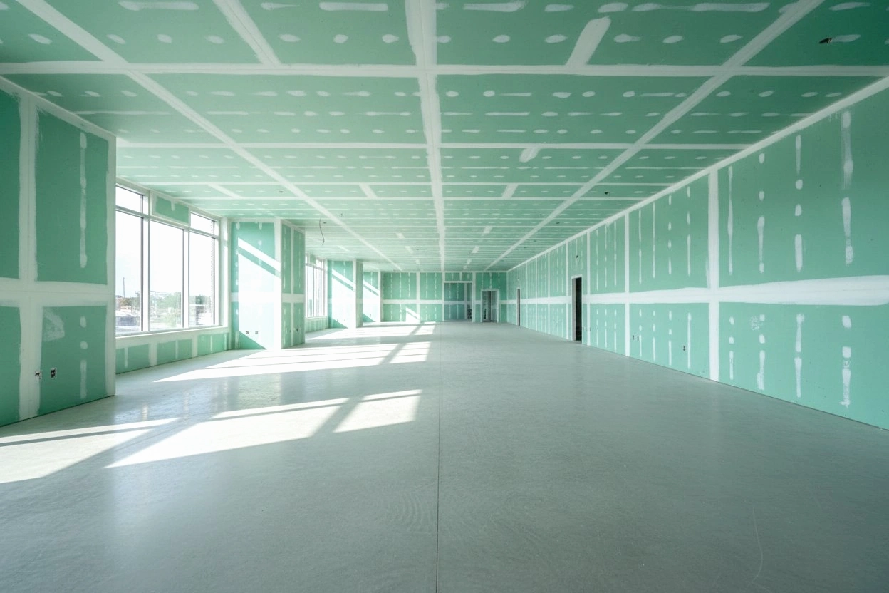Commercial moisture resistant drywall installation in Innisfil — green board covering walls and ceiling of a large open commercial space with polished concrete floor, curtain wall windows, framed door opening, and taped seams throughout