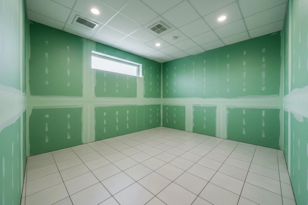 Commercial moisture resistant drywall installation in North York — green board walls with taped seams, T-bar drop ceiling with recessed lighting, and tile floor in a finished commercial space
