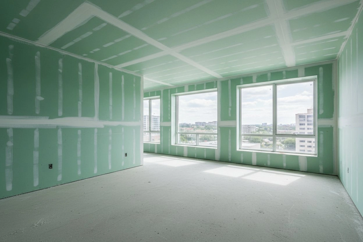 Commercial moisture resistant drywall installation in Scarborough — green board on walls and ceiling with taped seams in a high-rise commercial space with city views