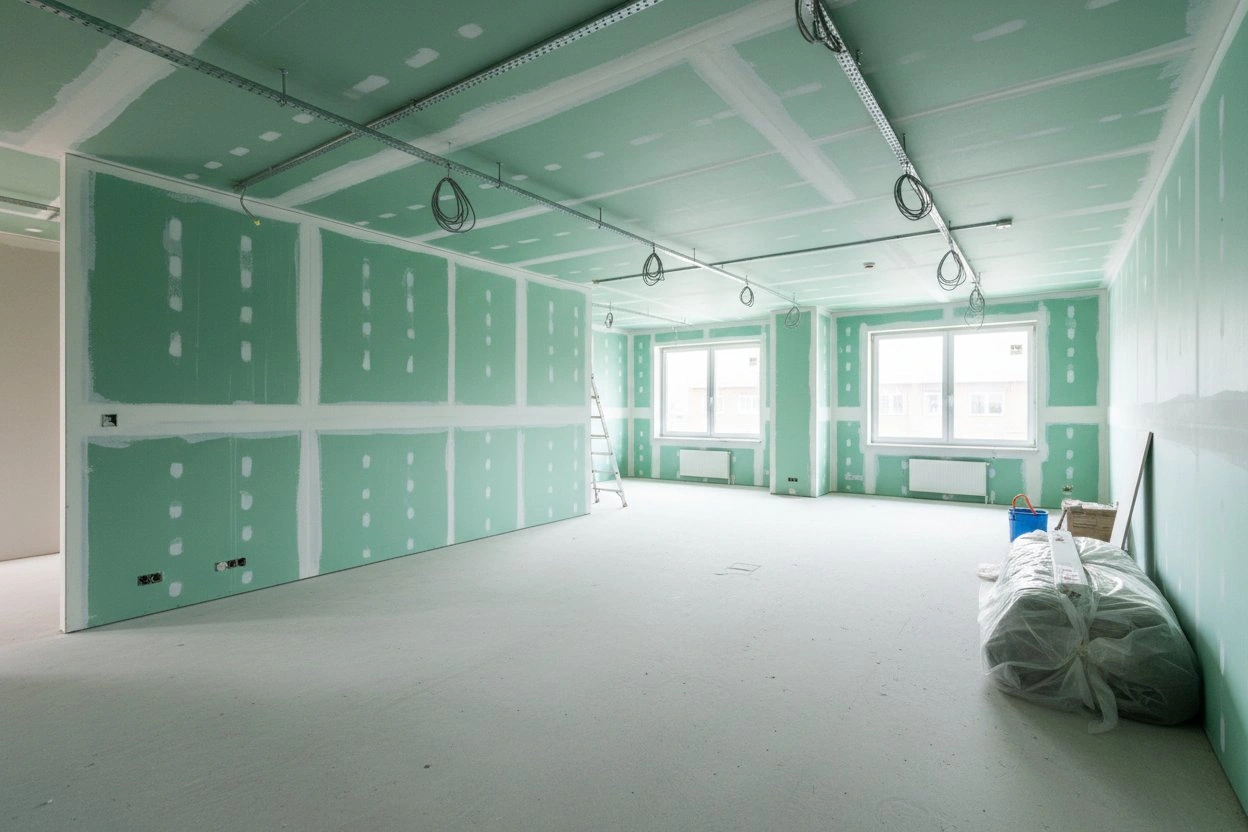Commercial moisture resistant drywall installation in East York — green board on walls and ceiling with taped seams, exposed electrical conduit, and active worksite with ladder and materials