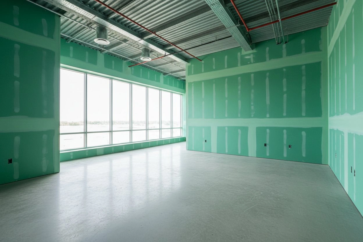 Commercial moisture-resistant drywall installation in Mississauga — green board walls with taped seams in an open-plan commercial space with exposed steel deck ceiling, mechanical systems, and floor-to-ceiling curtain wall windows