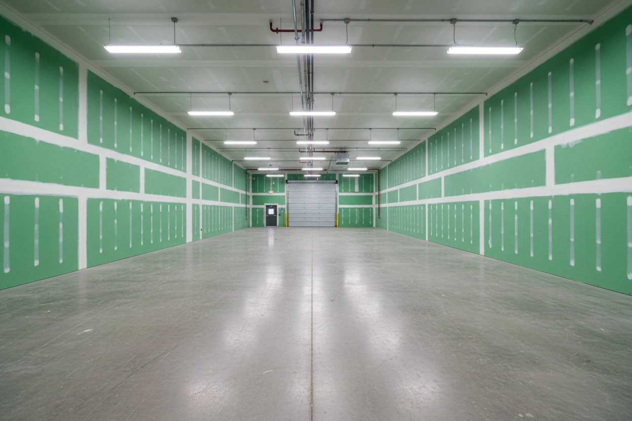 Commercial moisture resistant drywall installation in Brampton — green board walls with taped seams lining a large industrial or warehouse space with concrete floor, fluorescent lighting, and roll-up loading door