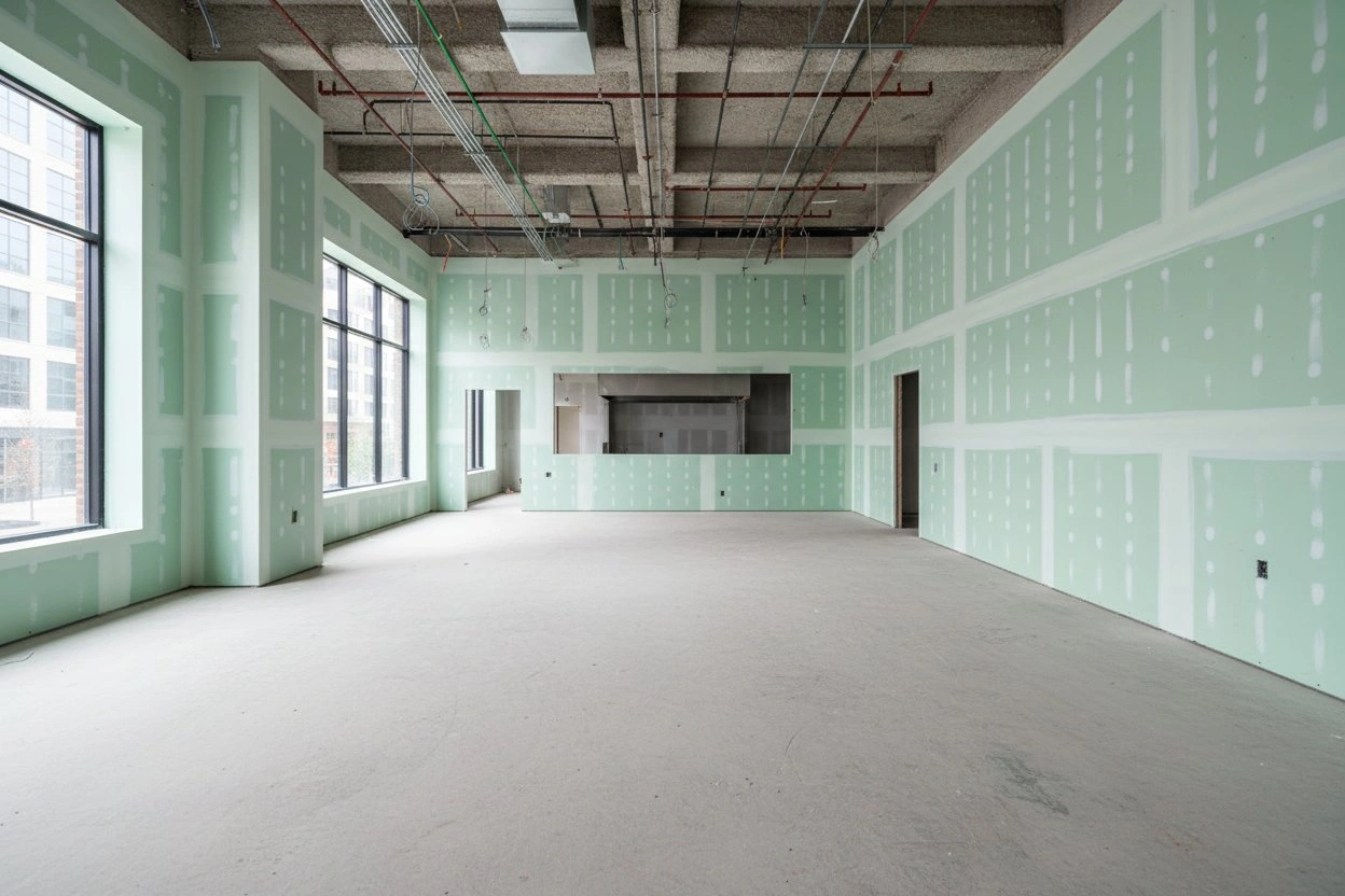 Commercial moisture-resistant drywall installation in Vaughan — green board walls with taped seams in a large open commercial space with exposed concrete waffle slab ceiling, mechanical runs, and curtain wall windows