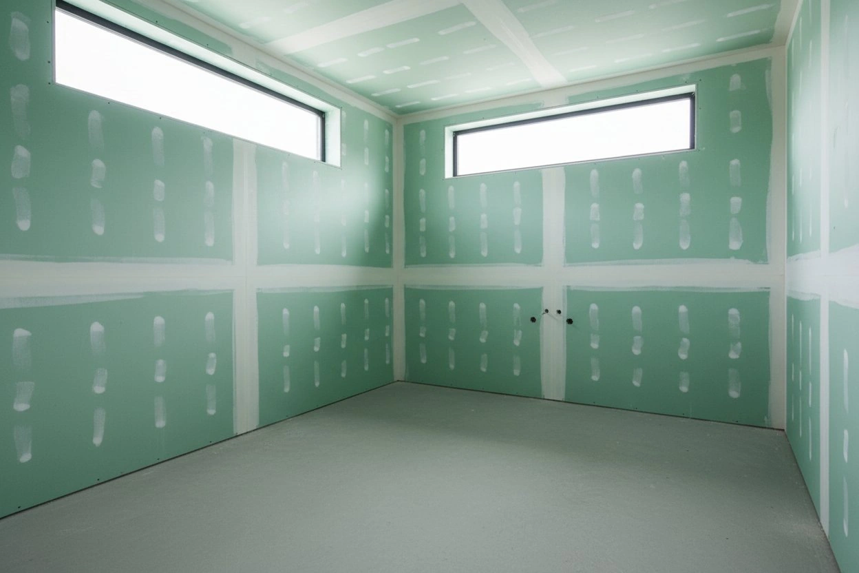 Commercial moisture-resistant drywall installation in Markham — green board on walls and ceiling with taped seams in a compact commercial room with clerestory windows and electrical rough-ins