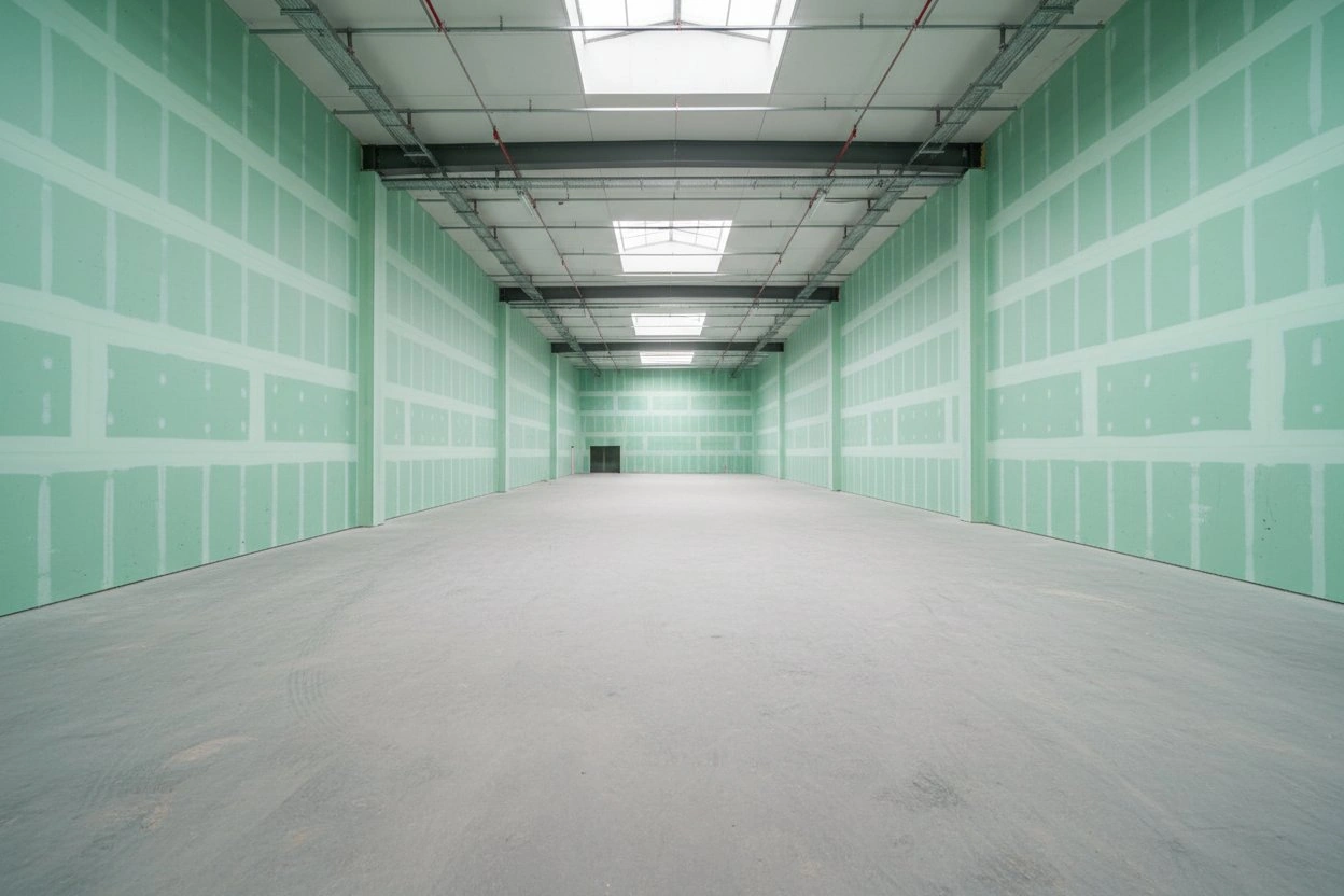 Commercial moisture-resistant drywall installation in Oakville — green board lining both walls of a large industrial or warehouse space with exposed steel structure, cable trays, sprinkler runs, and skylights