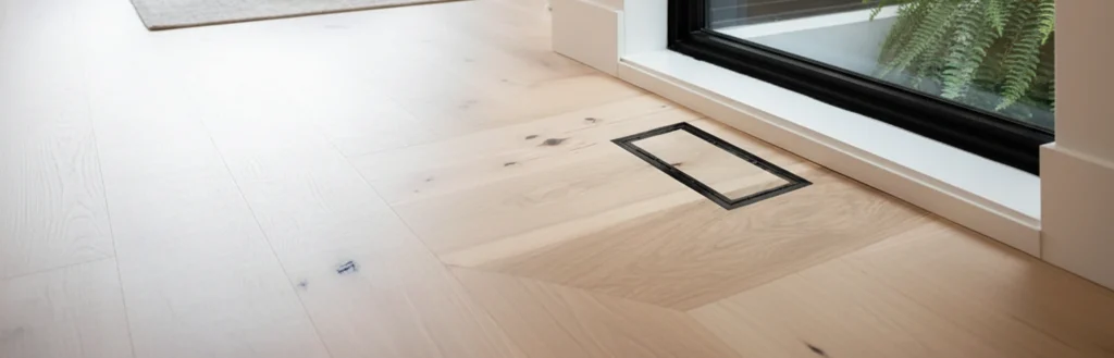 Aria vent floor register with black frame installed flush in light oak hardwood floor, modern Toronto living room with grey sectional sofa and large windows in background