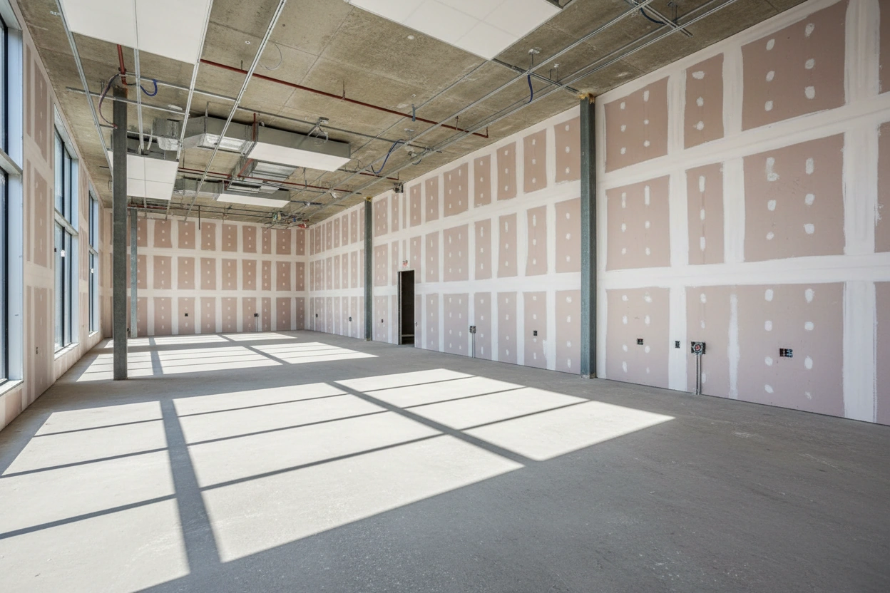 Large commercial office space with fire-resistant Type X drywall installed and taped on perimeter walls, exposed concrete ceiling with mechanical rough-in, Markham