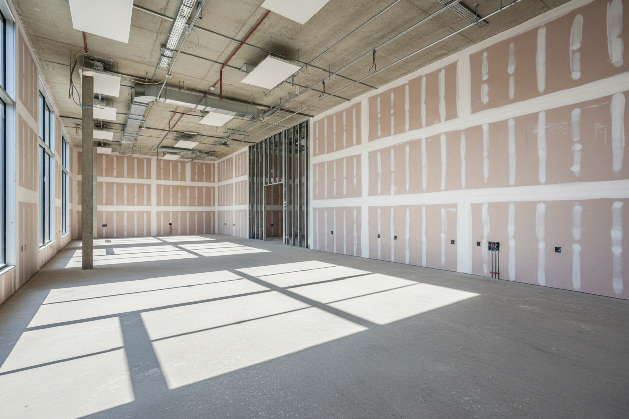 Large commercial office space with fire-resistant Type X drywall installed and taped on perimeter walls, steel stud partition framing visible in centre, exposed concrete ceiling with mechanical rough-in, Vaughan