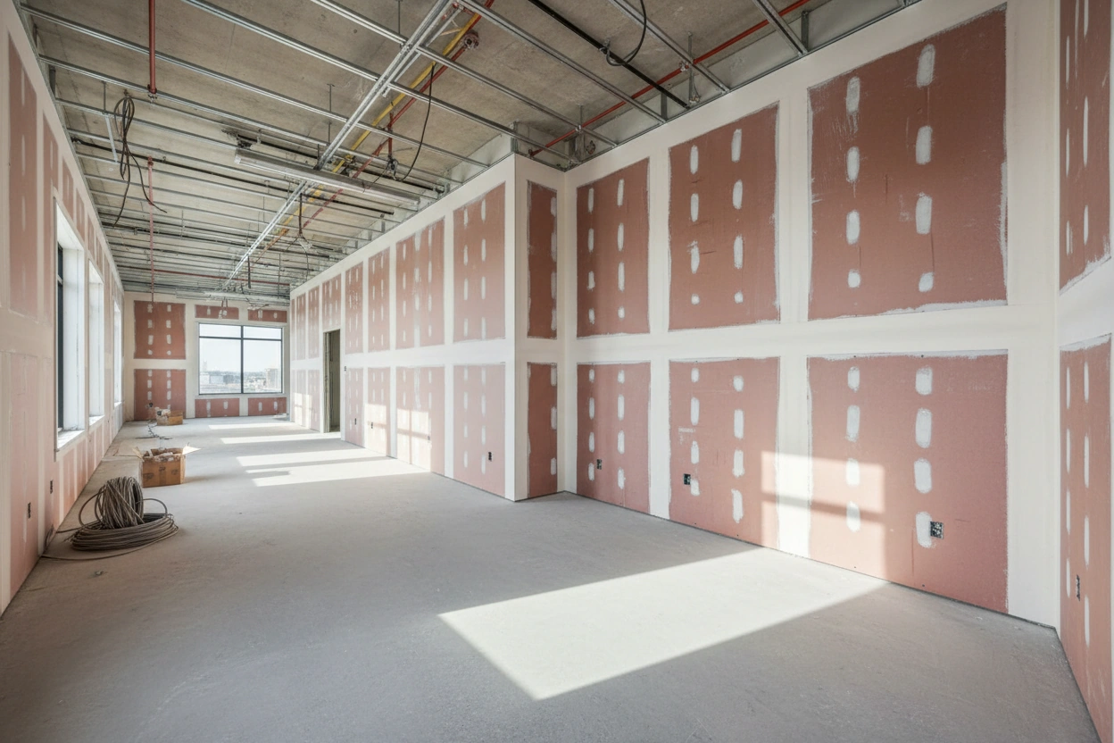 Long commercial office floor with fire-resistant Type X drywall installed on interior partition walls, taped screw spots visible, exposed concrete ceiling with mechanical and electrical rough-in, Brampton