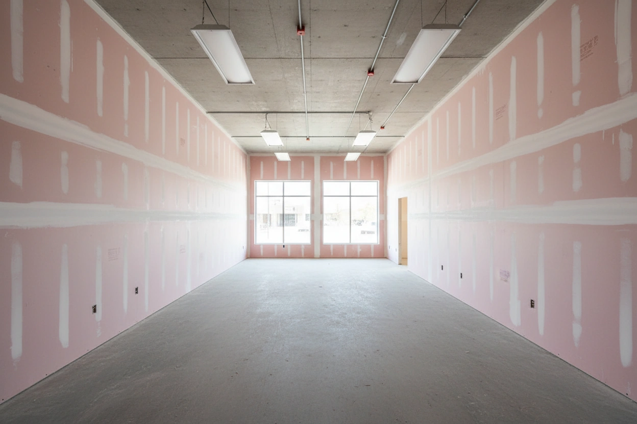 Narrow commercial retail space with fire-resistant Type X drywall installed on both side walls, taped screw spots visible, exposed concrete ceiling with suspended LED lighting, large front windows, Mississauga