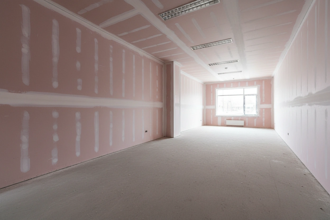 Empty commercial office space with fire-resistant Type X drywall installed on walls and ceiling, taped seams and screw spots visible, recessed fluorescent lighting, single window at far end, East York