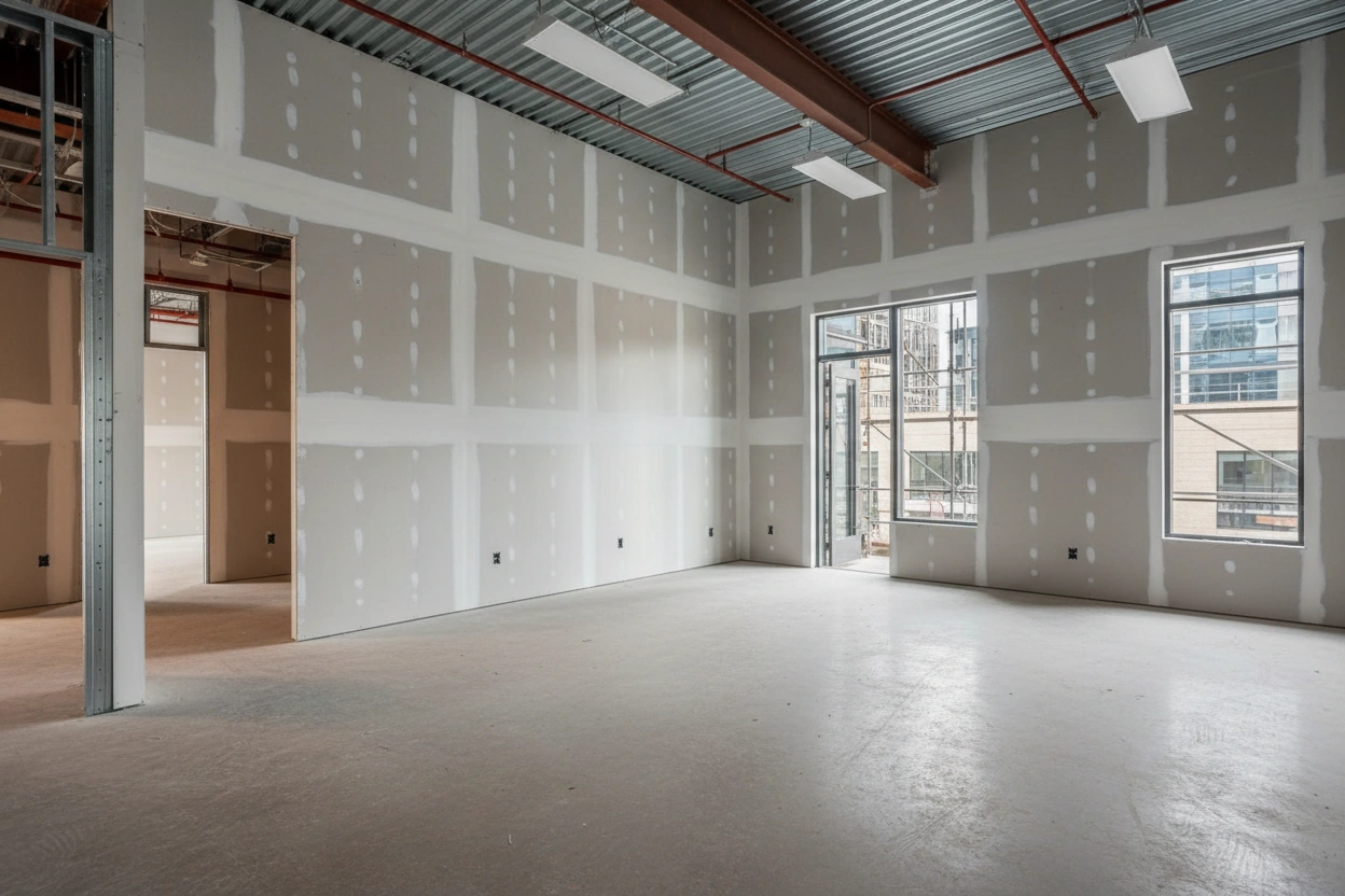 Open commercial office suite with fire-resistant drywall installed on steel stud partition walls, taped seams and screw spots visible, corrugated metal deck ceiling with steel beams, large windows overlooking adjacent building, Scarborough