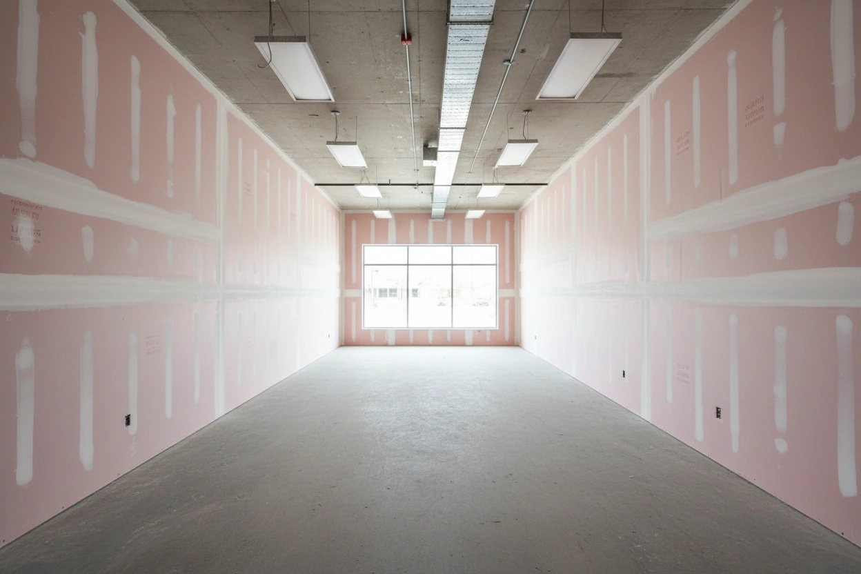 Narrow commercial retail or office unit with fire-resistant Type X drywall installed on both side walls and end wall, taped seams visible, exposed concrete ceiling with suspended LED panels, large front window, North York