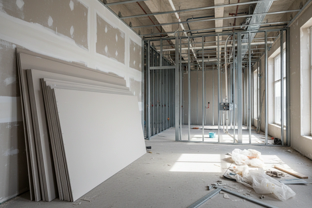 Commercial office renovation in Etobicoke mid-installation, drywall panels leaning against partially taped wall, steel stud partition framing in background, exposed concrete ceiling with mechanical and electrical rough-in, natural light from windows