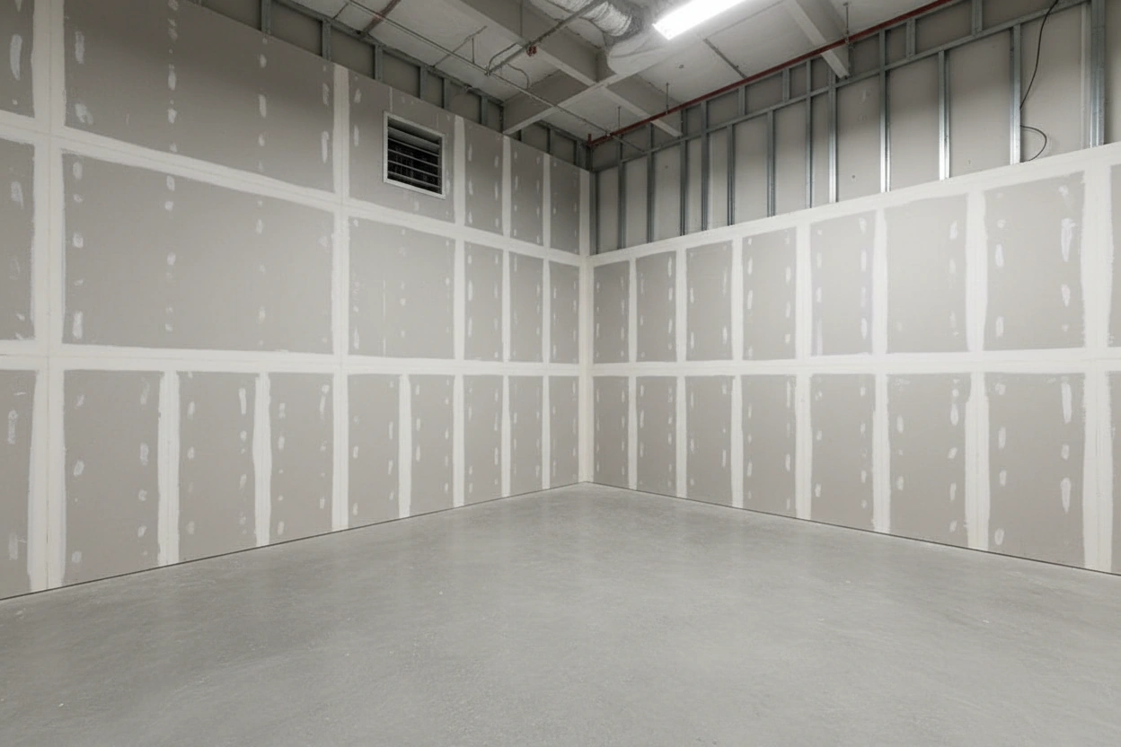 Commercial storage or utility room in Etobicoke with fire-resistant drywall installed and taped on all walls, exposed steel structure and mechanical above, HVAC vent visible, epoxy concrete floor