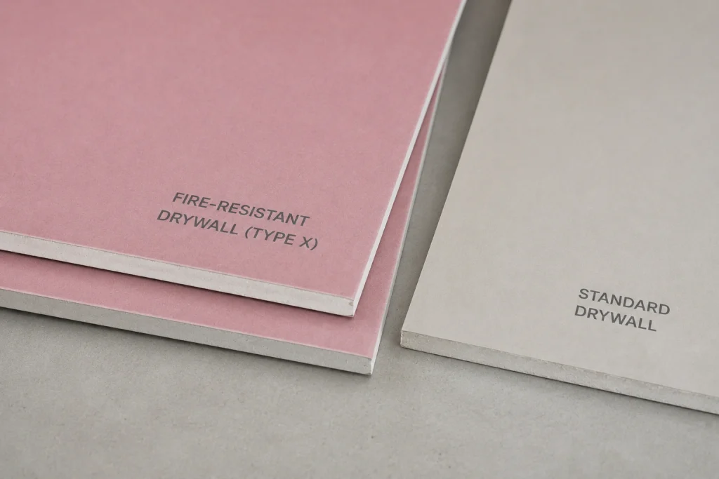 Two drywall panels side by side — pink fire-resistant drywall Type X and standard grey drywall, showing the difference between the two materials