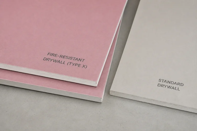 Two drywall panels side by side — pink fire-resistant drywall Type X and standard grey drywall, showing the difference between the two materials