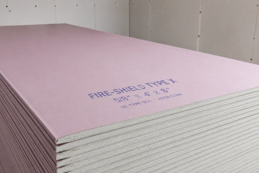 Stack of 5/8 inch Fire-Shield Type X drywall panels, UL Type SCX, ASTM C1396 certified, pink face paper, gypsum core edge detail visible