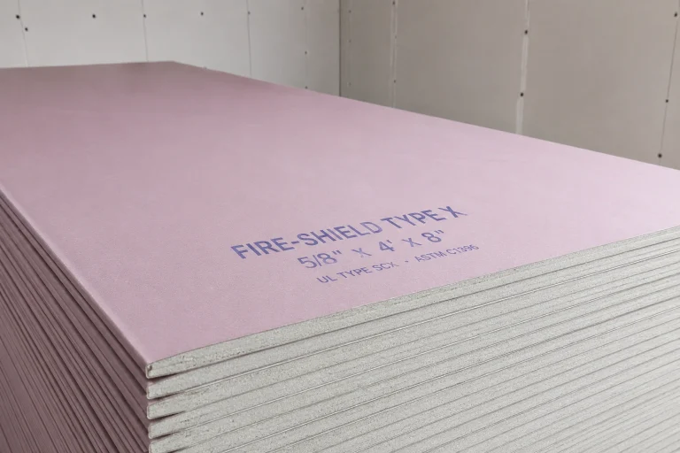 Stack of 5/8 inch Fire-Shield Type X drywall panels, UL Type SCX, ASTM C1396 certified, pink face paper, gypsum core edge detail visible