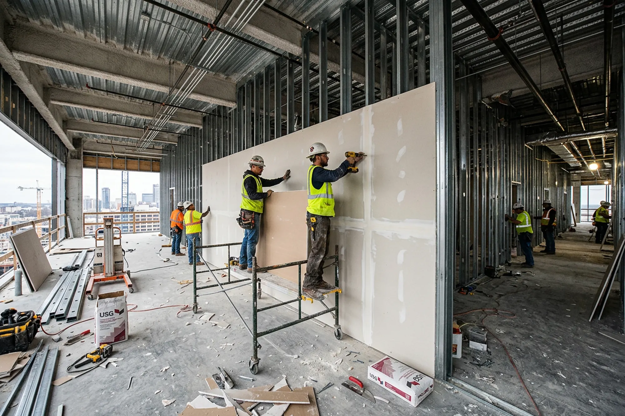 Commercial Drywall Installation Crew Fastening Panels to Steel Stud Framing in Barrie, Ontario | Express Drywall Services