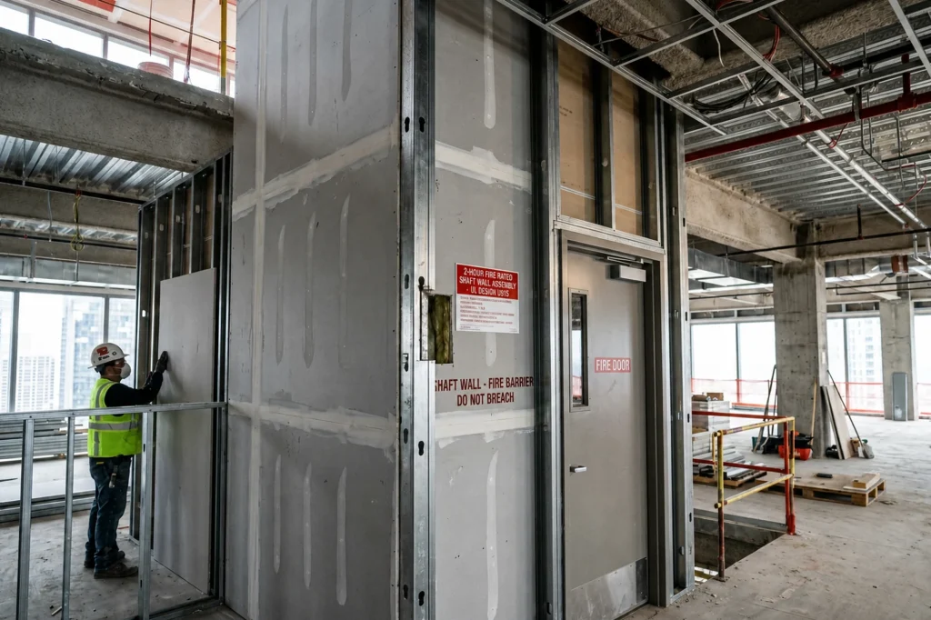 Contractor installing a 2-hour fire-rated shaft wall assembly on a commercial construction site in Ontario