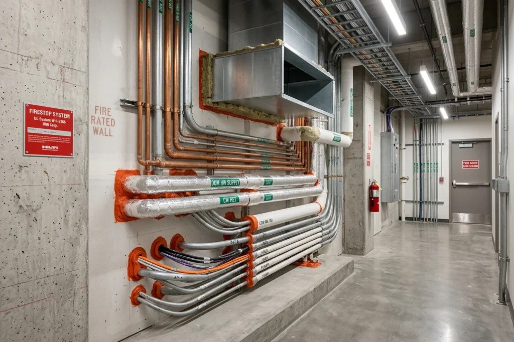 Fire caulking applied around multiple pipe penetrations through a 2-hour fire rated wall in a commercial mechanical room in Ontario