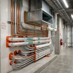 Fire caulking applied around multiple pipe penetrations through a 2-hour fire rated wall in a commercial mechanical room in Ontario