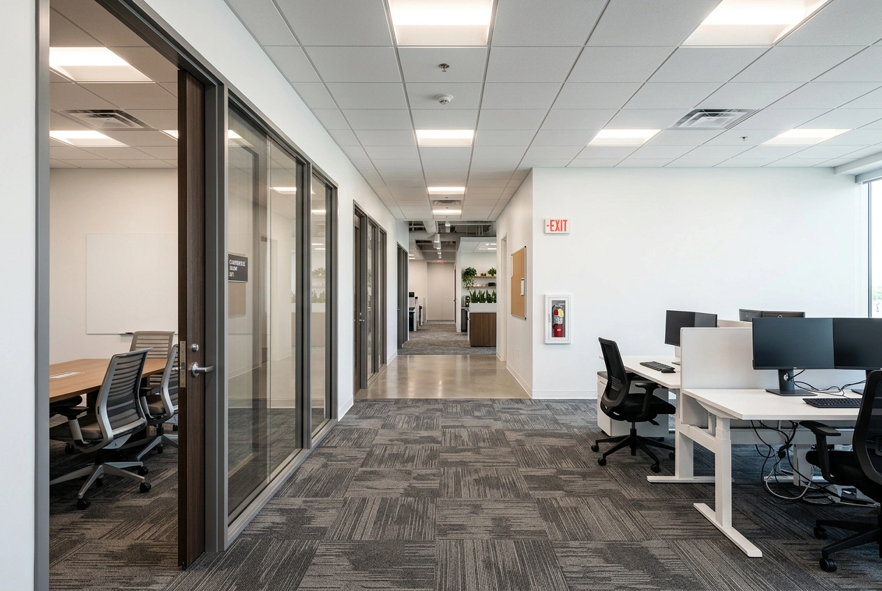 Finished Commercial Drywall Installation with Fire-Rated Partitions and T-Bar Ceiling in Oshawa, Ontario | Express Drywall Services