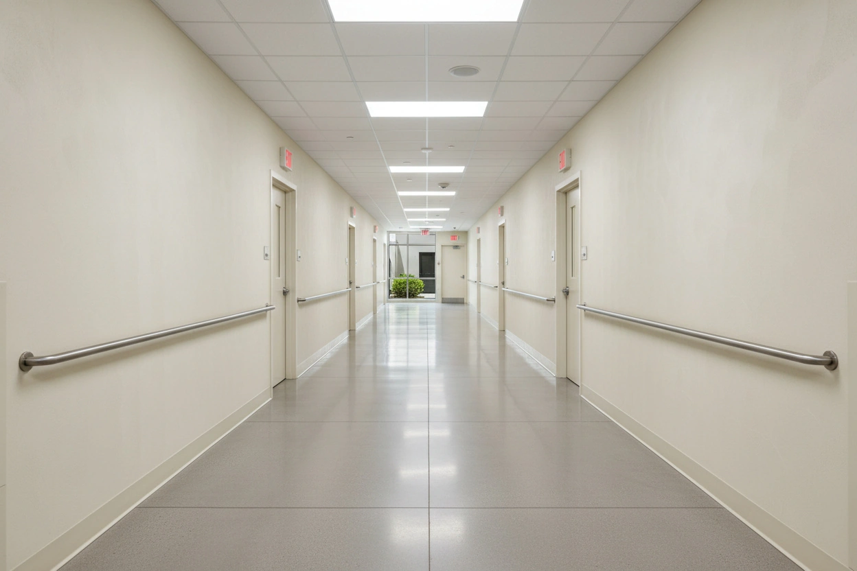 Finished Commercial Fire-Resistant Drywall Installation in Healthcare Facility Corridor in Pickering, Ontario | Express Drywall Services