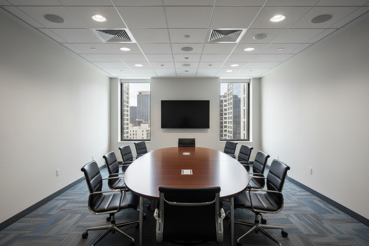 Finished Commercial Drywall and T-Bar Ceiling Installation in Corporate Conference Room in Burlington, Ontario | Express Drywall Services