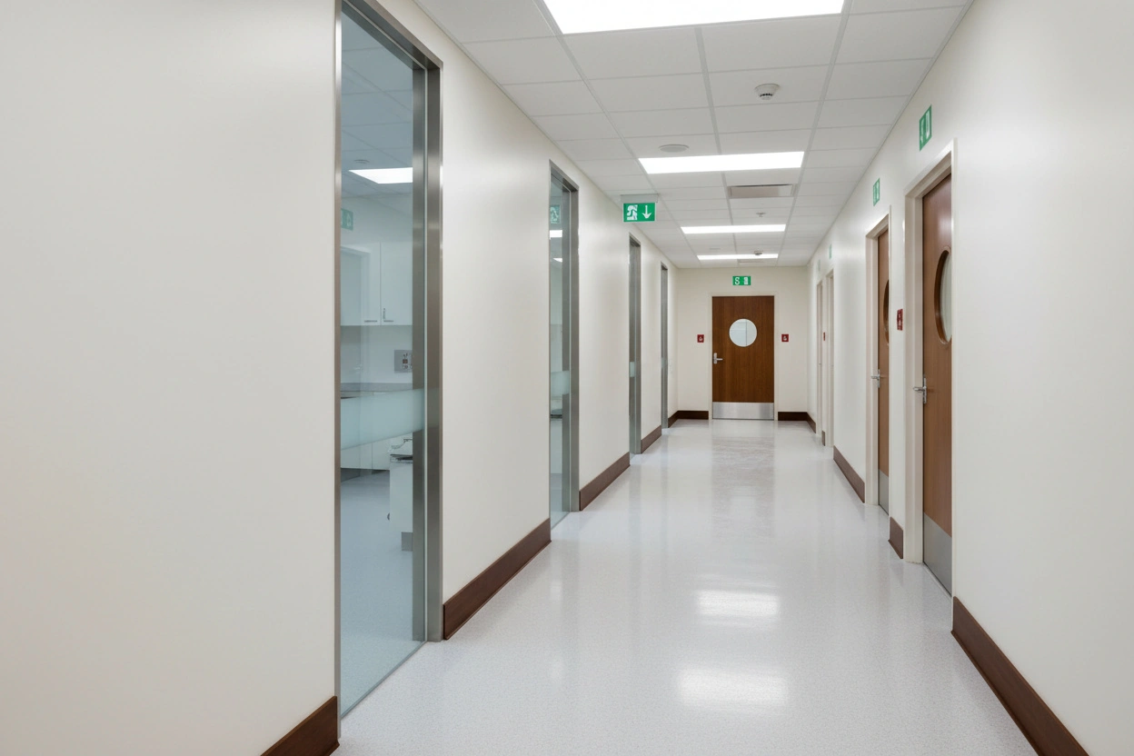 Finished Commercial Fire-Resistant Drywall Installation in Healthcare Facility Corridor in Oakville, Ontario | Express Drywall Services