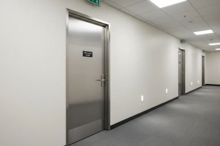 Hollow metal fire-rated door installed in a commercial building corridor in Ontario