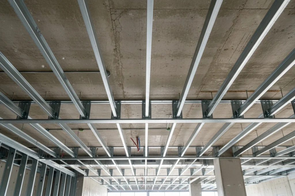 Light gauge steel ceiling framing grid installed against a concrete slab in a commercial building in Ontario