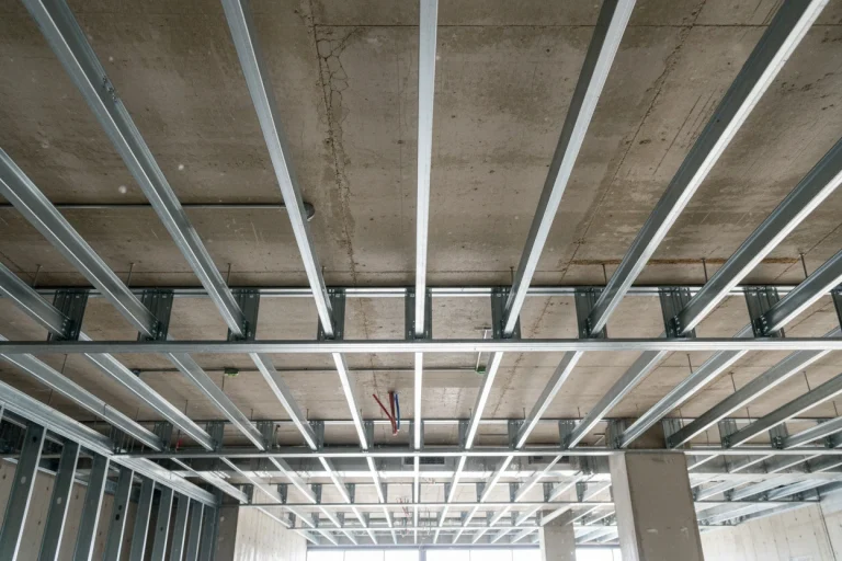 Light gauge steel ceiling framing grid installed against a concrete slab in a commercial building in Ontario